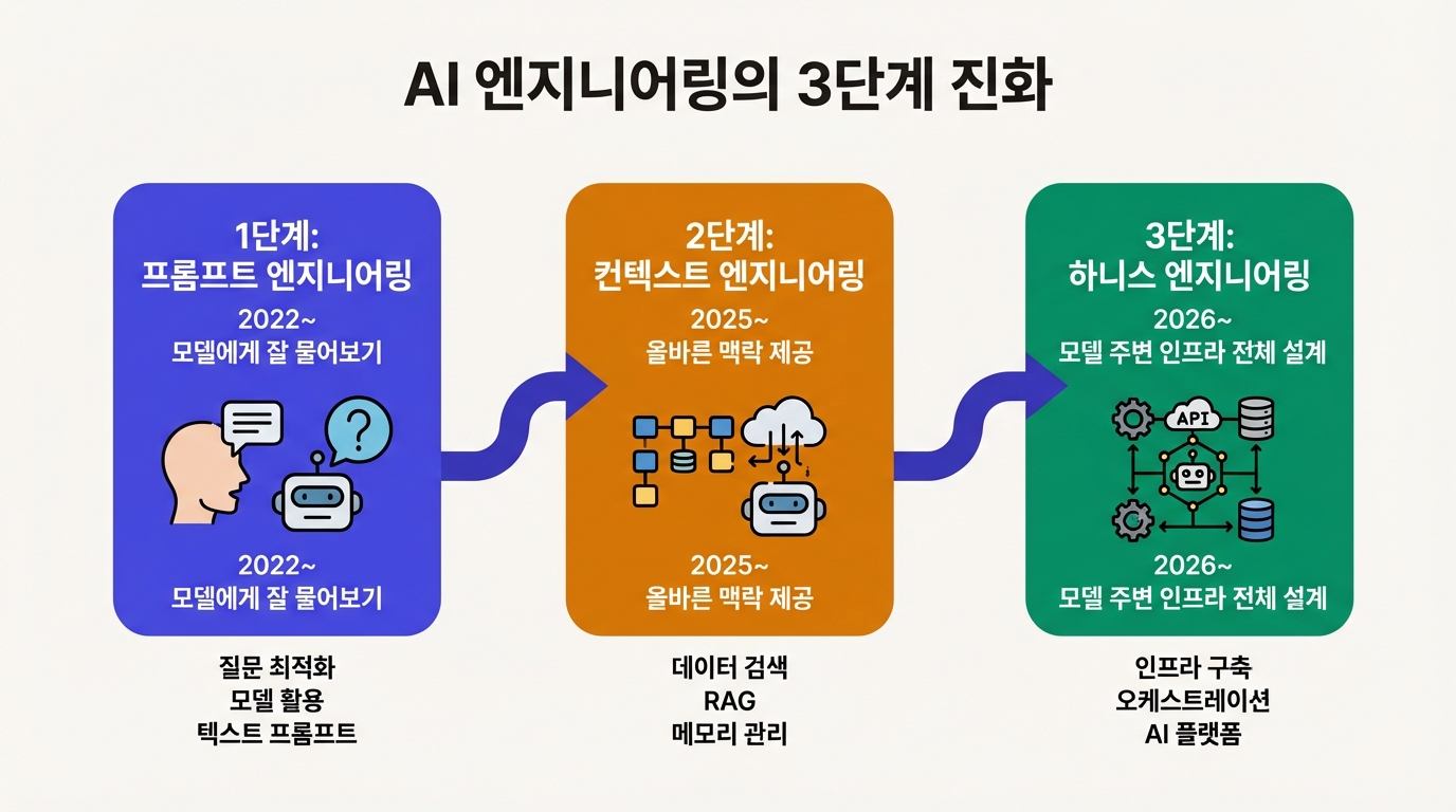 프롬프트 엔지니어링에서 컨텍스트 엔지니어링, 하니스 엔지니어링으로의 진화 흐름도