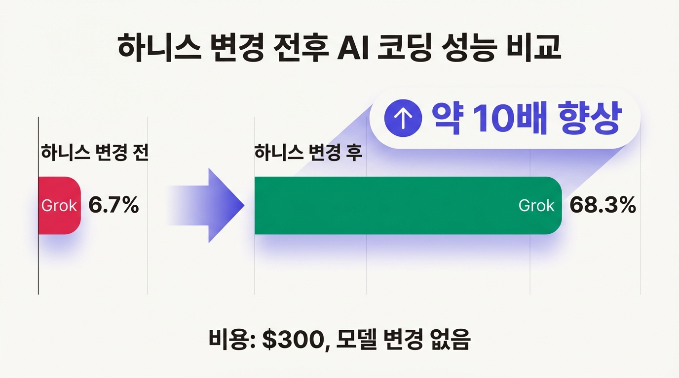 하니스 변경 전후 Grok 성능 비교: 6.7%에서 68.3%로 약 10배 향상
