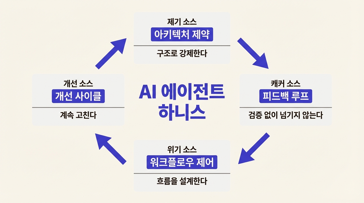 하니스의 네 가지 영역 순환 다이어그램: 아키텍처 제약, 피드백 루프, 워크플로우 제어, 개선 사이클