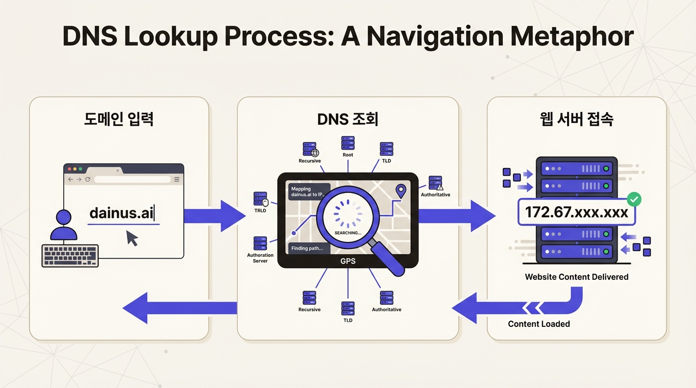 DNS 조회 흐름도: 도메인 입력에서 DNS 조회를 거쳐 웹 서버 접속까지