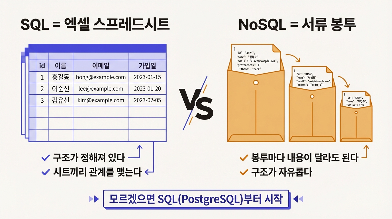 SQL vs NoSQL 구조 비교: 엑셀 스프레드시트 vs 서류 봉투