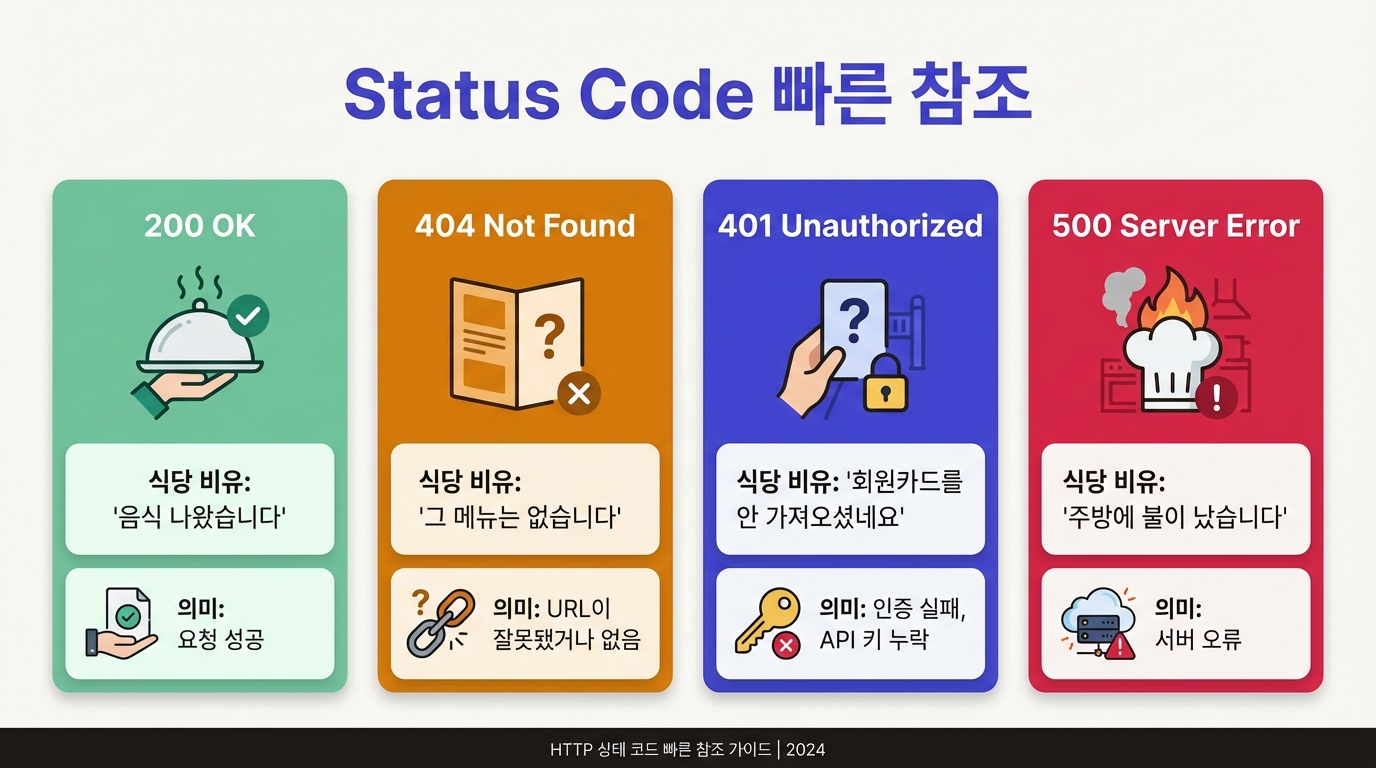 Status Code 빠른 참조: 200, 404, 401, 500 의미 정리