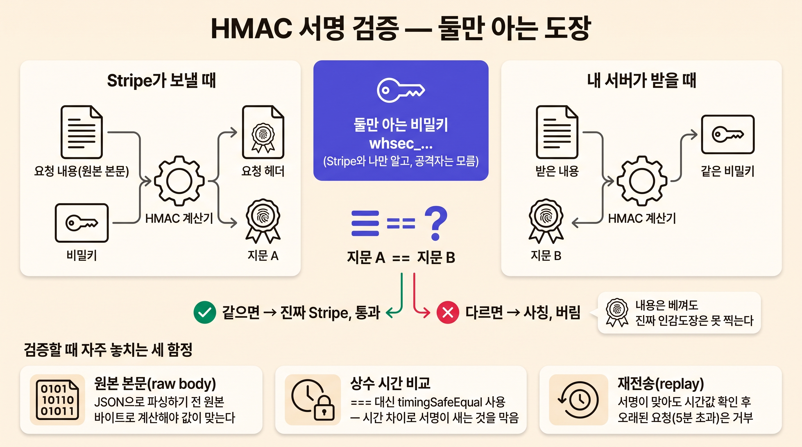 Stripe와 내 서버가 공유한 비밀키로 같은 HMAC 지문을 계산해 대조하는 서명 검증 원리와 세 가지 함정