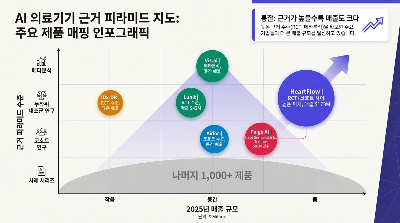 AI 의료기기 근거 수준 vs 매출 규모 매핑